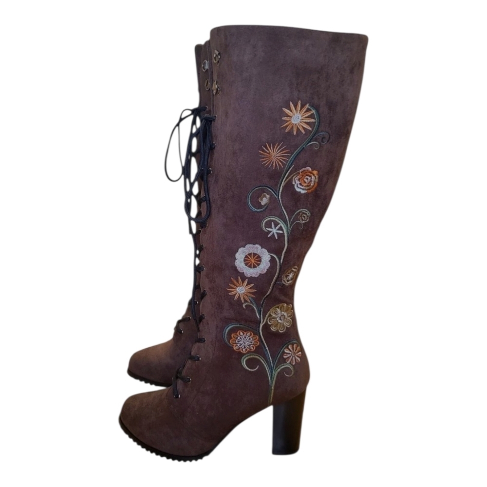 BROWN 70'S EMBROIDERED FUR LINED LACE UP SUEDE BOOTS